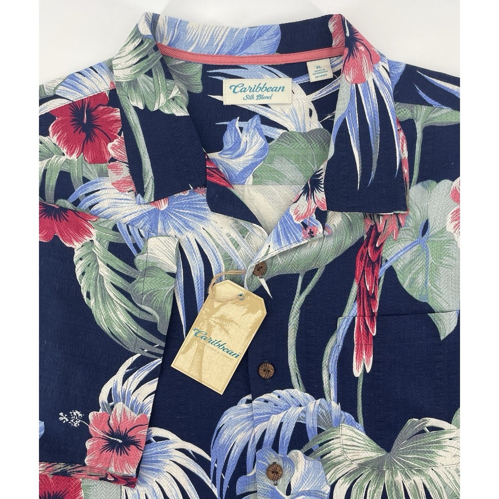 Caribbean Camp Shirt Mens XL Blue Tropical Parrot Silk Blend Vacation Beach NWT